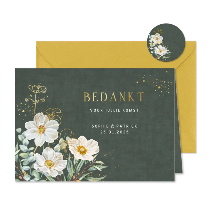 Trouwkaart bedankt witte herfstanemoontjes op groen fluweel