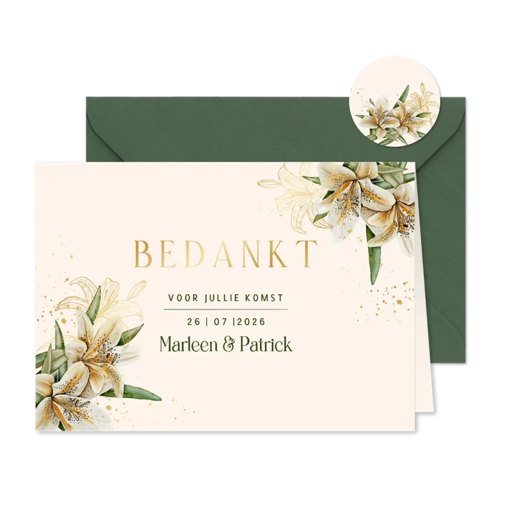Trouwkaart bedankt witte lelie en echte goudfolie