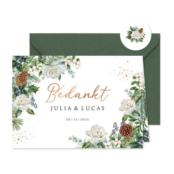 Trouwkaart bedankt witte rozen kerst