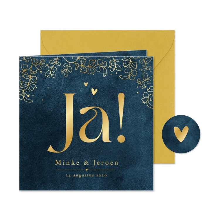 Trouwkaart blauw stijlvol goud hartjes eucalyptus line art