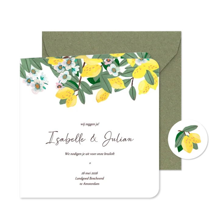 Trouwkaart bloemen en citroenen