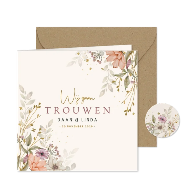 Trouwkaart bloemen in herfsttinten 