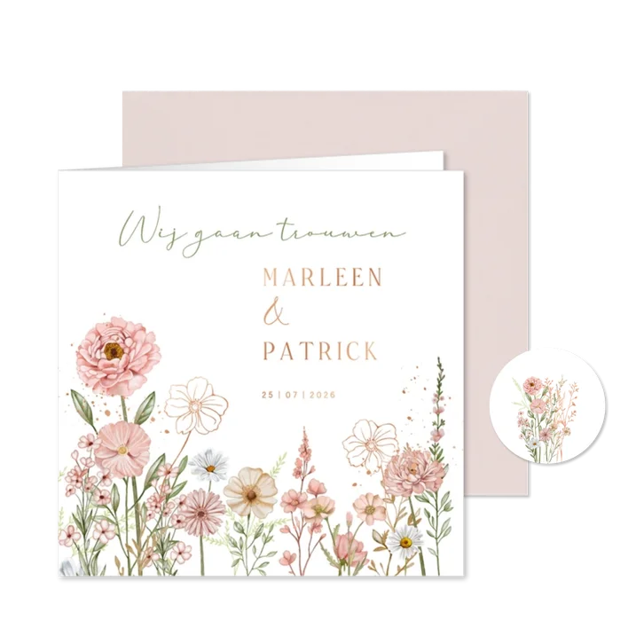 Trouwkaart bloemen in pastel 