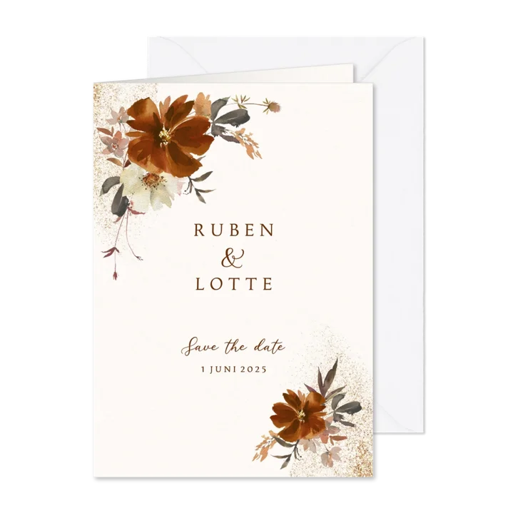 Trouwkaart bloemen terra