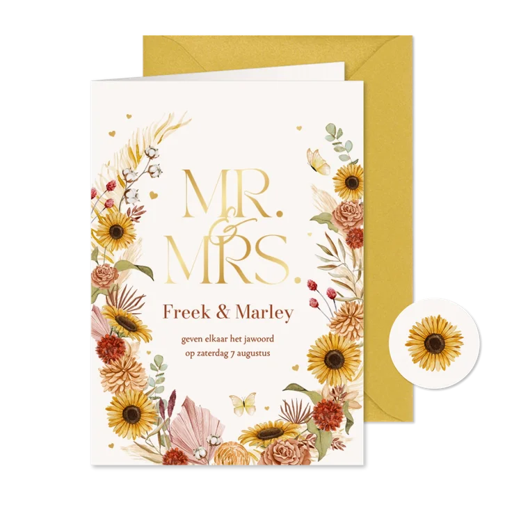 Trouwkaart bohemian bloemen zomer vlinders goud hartjes