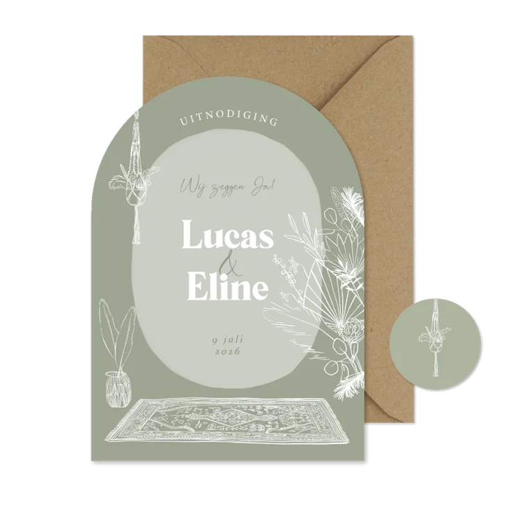 Trouwkaart boog uitnodiging lijntekening bohemian