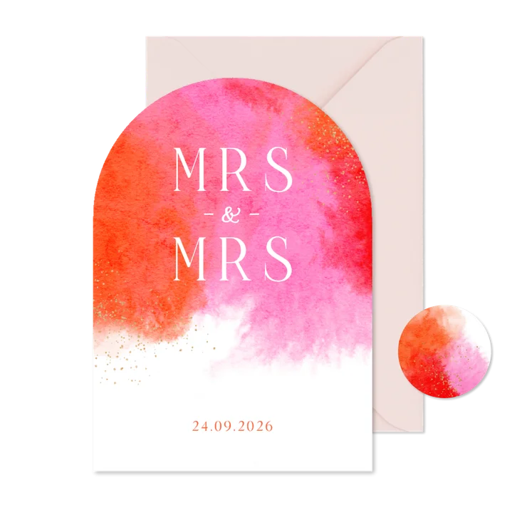 Trouwkaart boogkaart waterverf roze rood boogvorm stijlvol