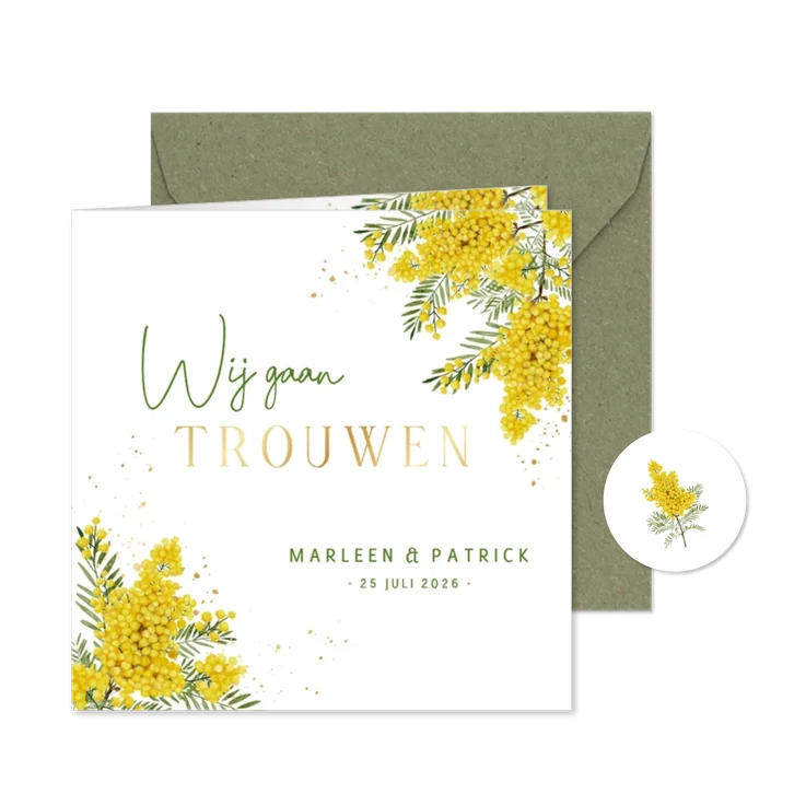 Trouwkaart botanische mimosabloemen