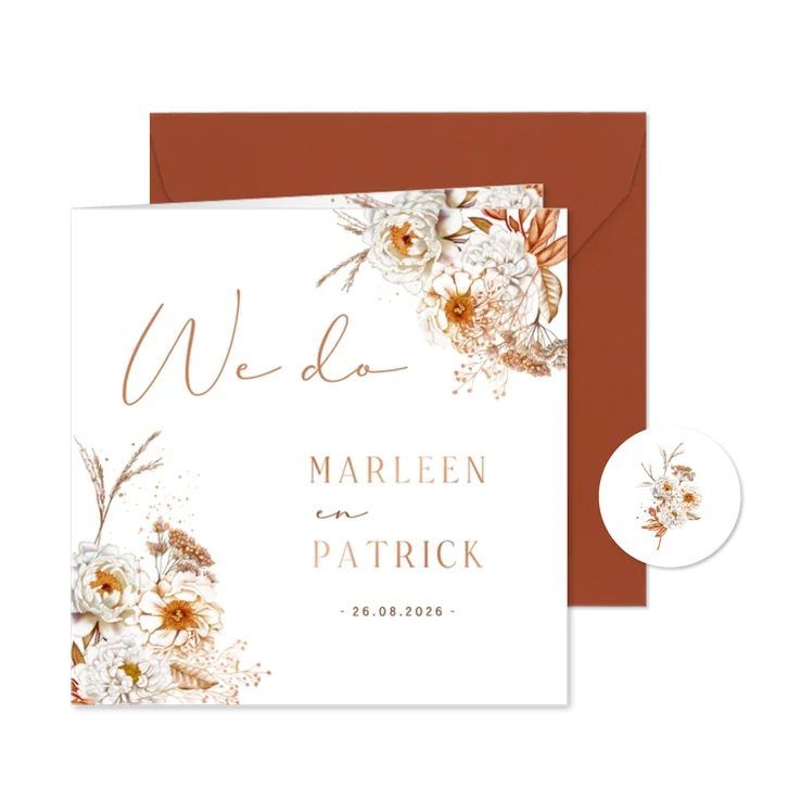 Trouwkaart botanische rozen in herfstkleuren