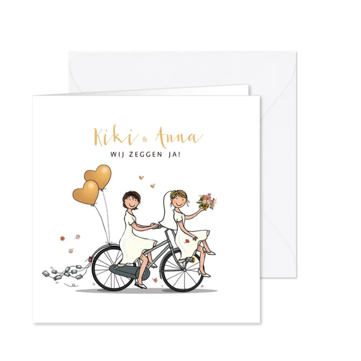 Trouwkaart bruiden fiets en blikjes