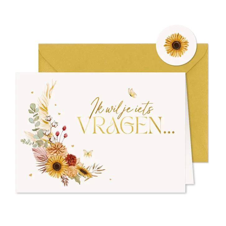 Trouwkaart bruidsmeisje getuige bohemian bloemen hartjes