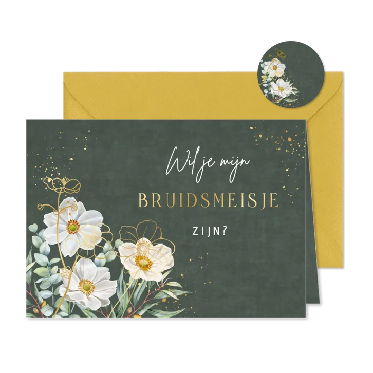 Trouwkaart bruidsmeisje herfstanemoontjes op groen fluweel.