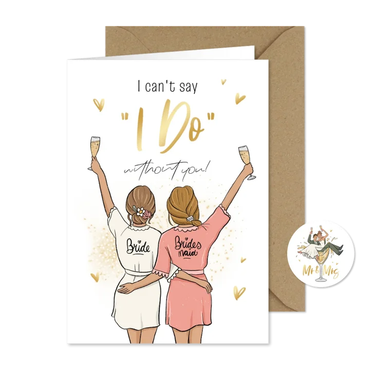 Trouwkaart bruidsmeisje illustratie champagne grappig goud