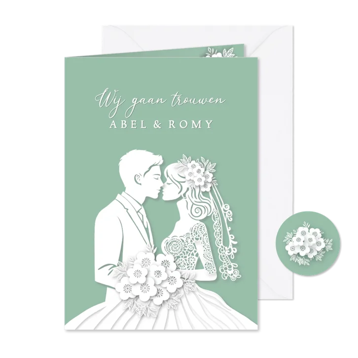 Trouwkaart bruidspaar silhouet kant bloemen