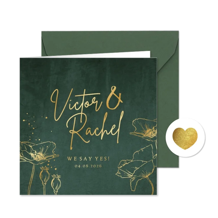 Trouwkaart chique velvet groen lijnillustratie klaproos goud