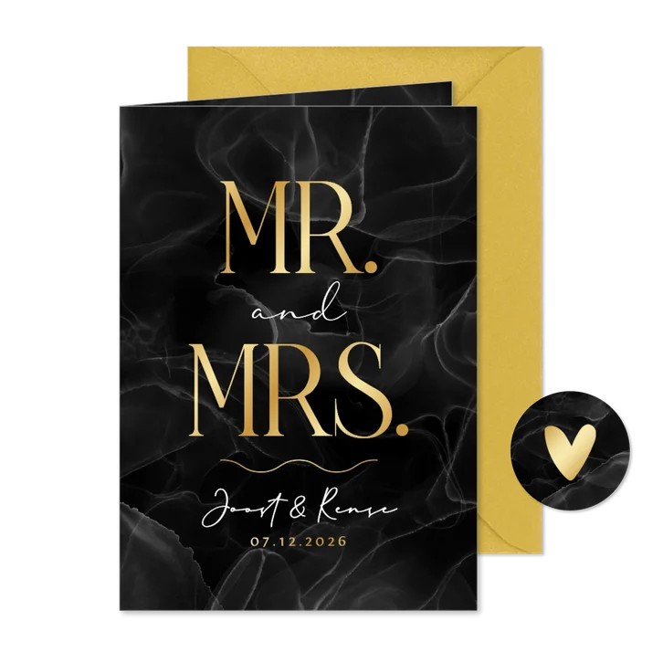 Trouwkaart chique zwart marmer goud stijlvol