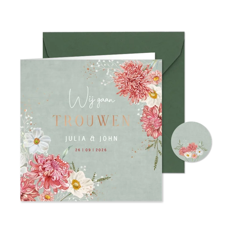 Trouwkaart dahlia en herfstanemoon op groen fluweel