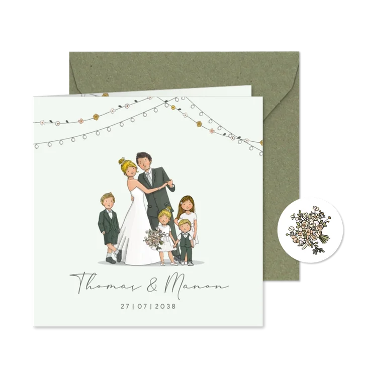 Trouwkaart dansend bruidspaar met kinderen groen