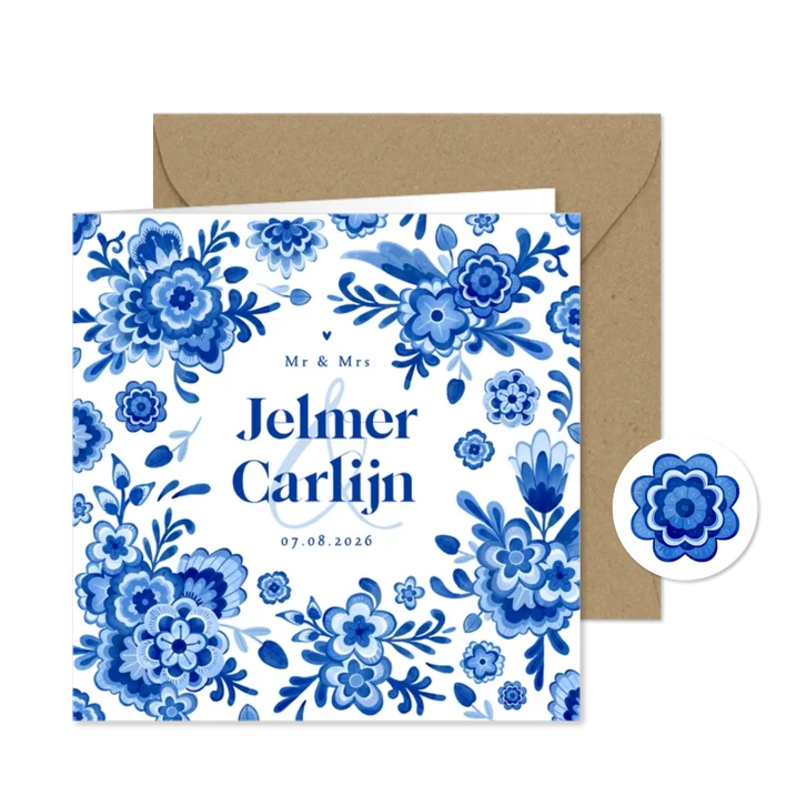 Trouwkaart delfts blauw bloemen stijlvol romantisch