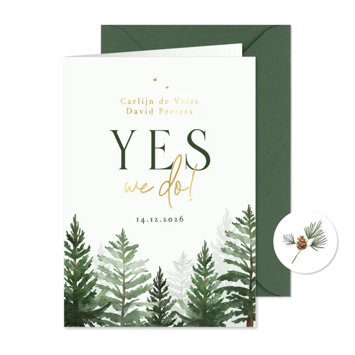 Trouwkaart dennenbomen herfst winter goud hartjes
