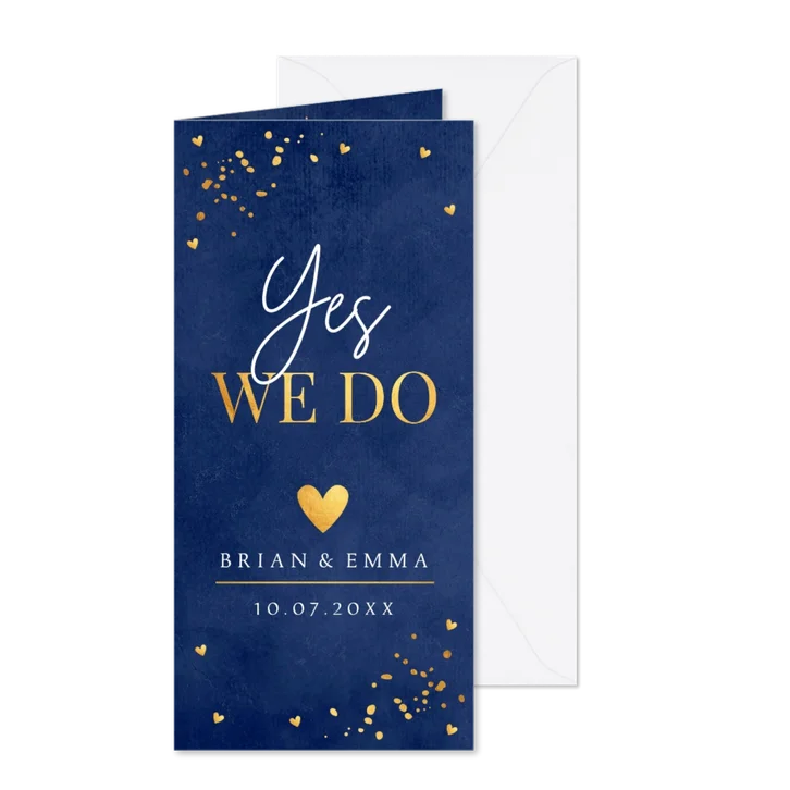 Trouwkaart donkerblauw confetti goudlook hartje