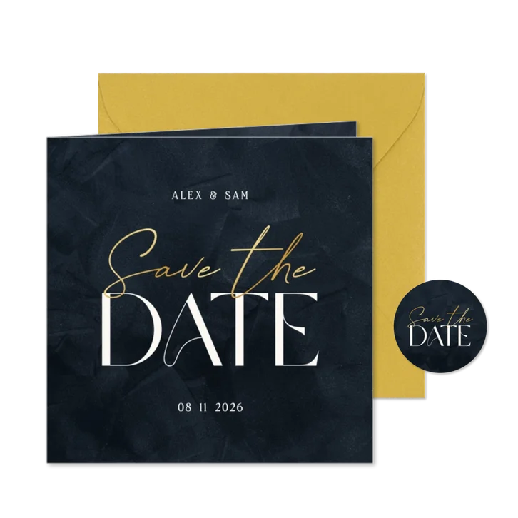  Trouwkaart donkerblauw save the date met goud stijlvol