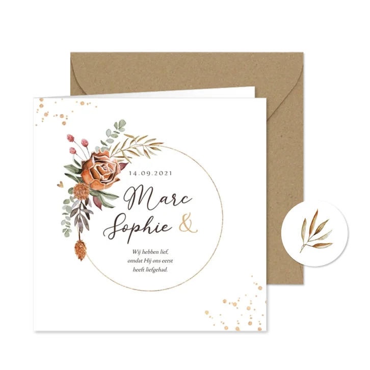 Trouwkaart droogbloemen stijlvol christelijk krans goud