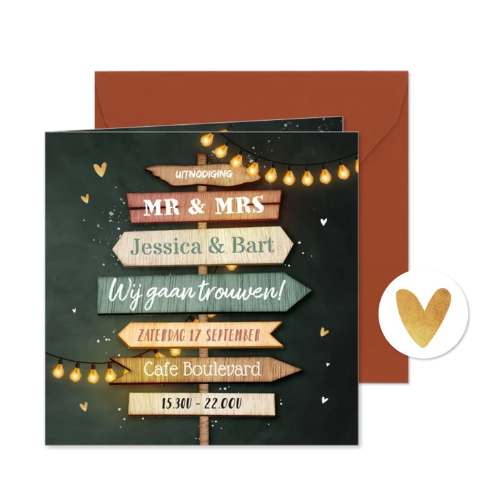 Trouwkaart festival wegwijzers hout liefde hartjes krijtbord