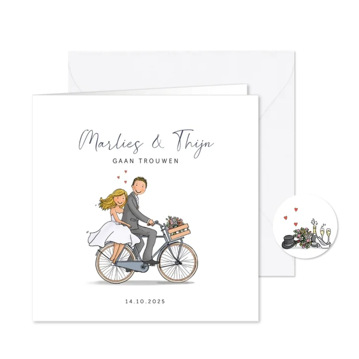 Trouwkaart fiets met bruidspaar hartjes