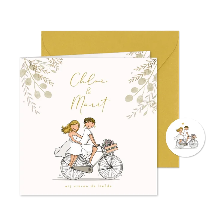 Trouwkaart fietsend lgbtq stel met bloemen