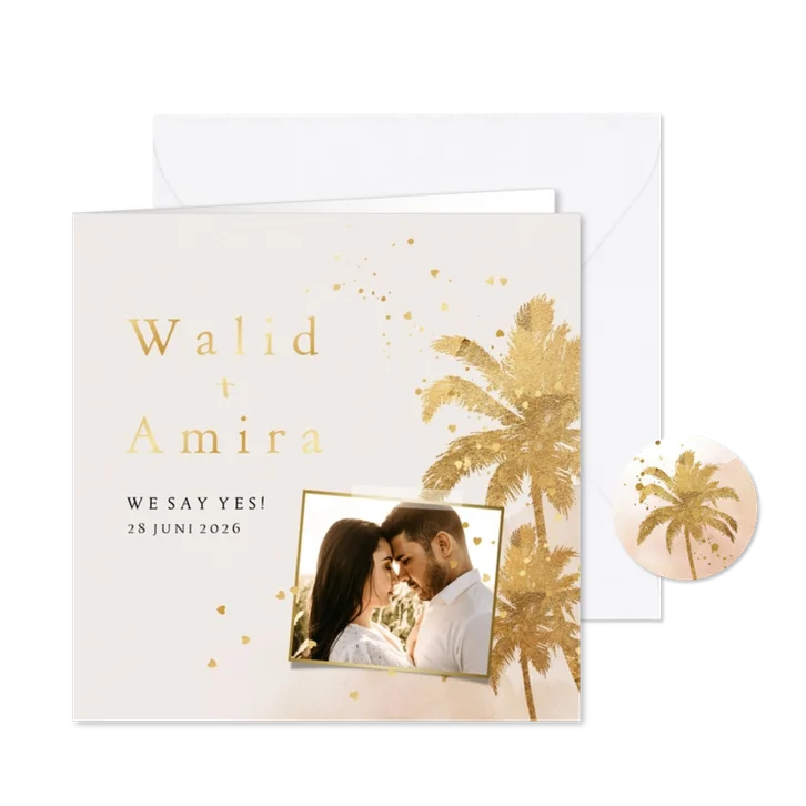 Trouwkaart foliedruk goud hartjesconfetti palmboom waterverf