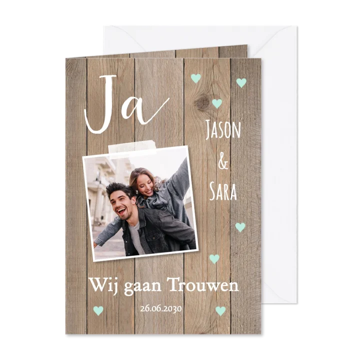 Trouwkaart foto houtlook hartjes mintgroen