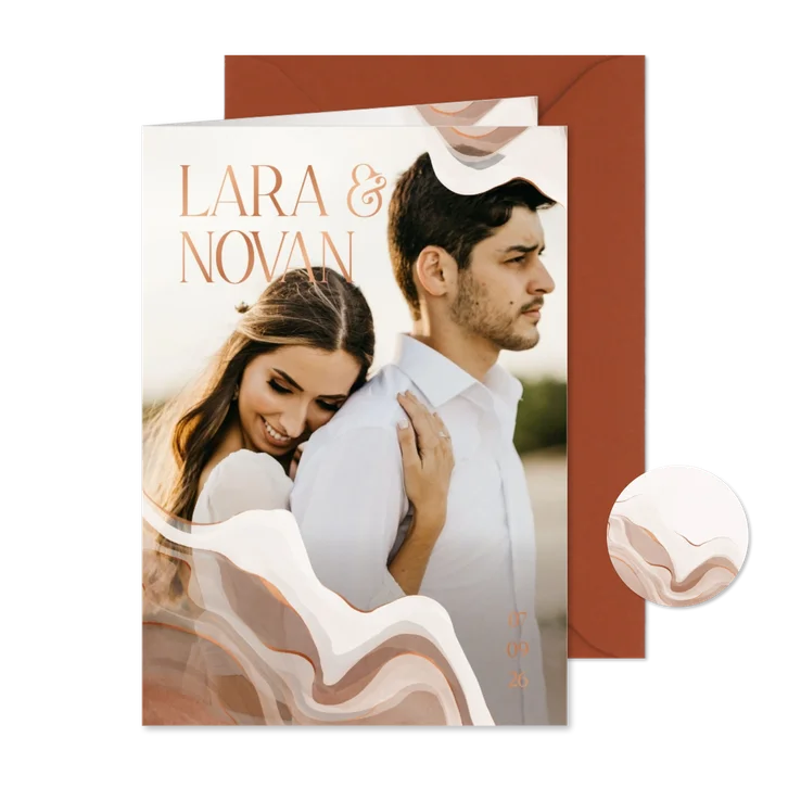 Trouwkaart foto stijlvol met marmereffect en koperfolie