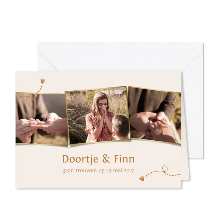 Trouwkaart fotocollage love met 3 foto's