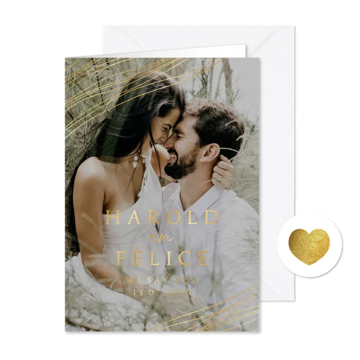 Trouwkaart fotokaart abstracte lijnen foliedruk goud
