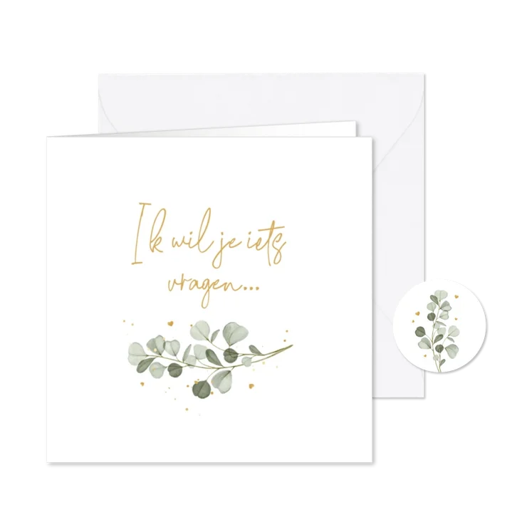 Trouwkaart getuige bruidsmeisje eucalyptus goud hartjes foto