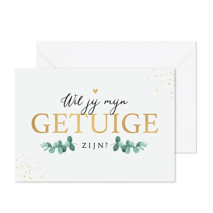 Trouwkaart getuige goud hartjes eucalyptus groen