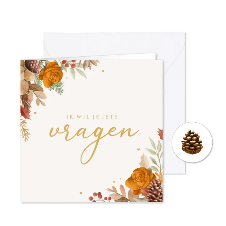 Trouwkaart getuige vragen bloemen herfst goud hartjes