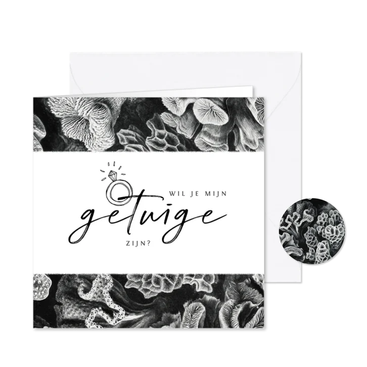 Trouwkaart getuige zwart wit koraal stijlvol foto