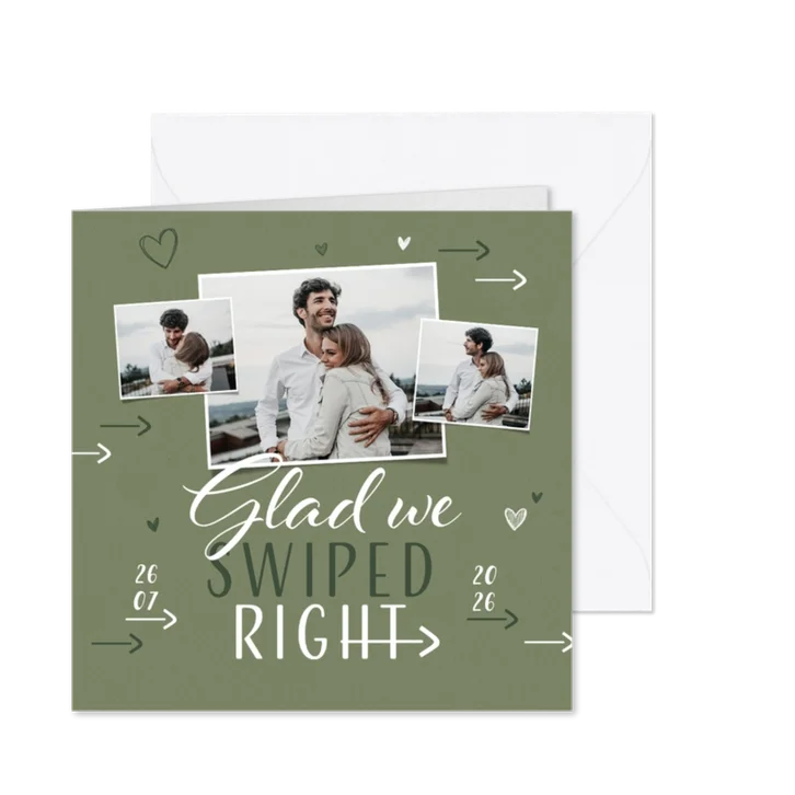 Trouwkaart glad we swiped right stijlvol grafisch grappig
