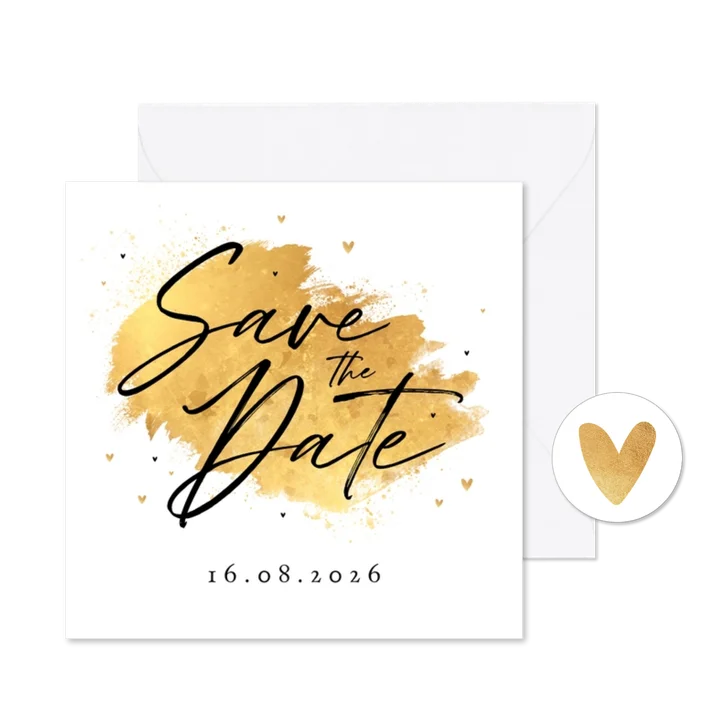 Trouwkaart gouden verf Save the Date hartjes stijlvol