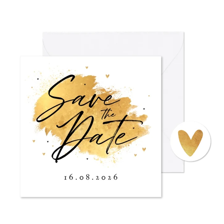 Trouwkaart gouden verf Save the Date hartjes stijlvol