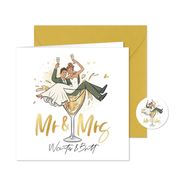 Trouwkaart grappig cartoon mr mrs bruidspaar champagne