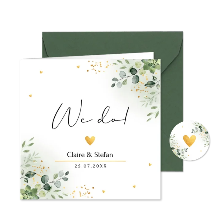 Trouwkaart groen botanisch groen blaadjes goudlook