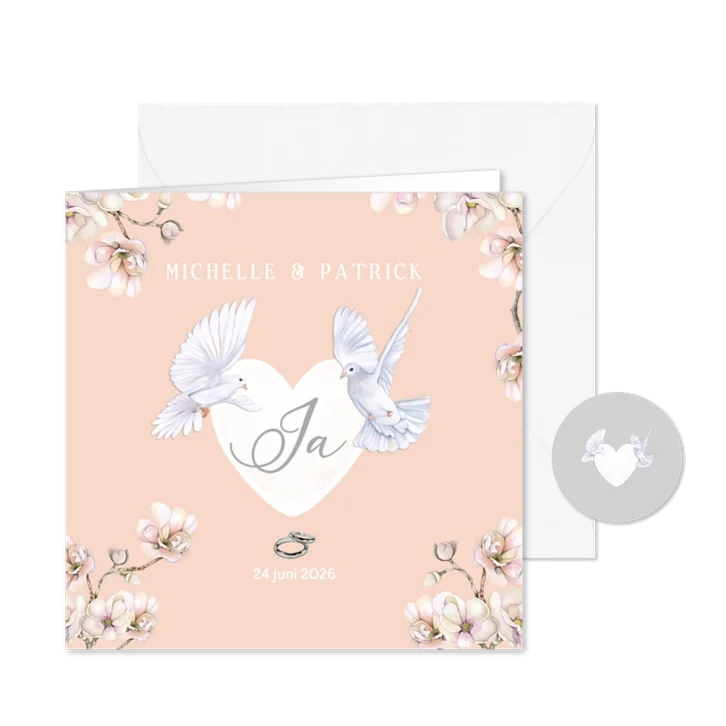 Trouwkaart hart duifjes