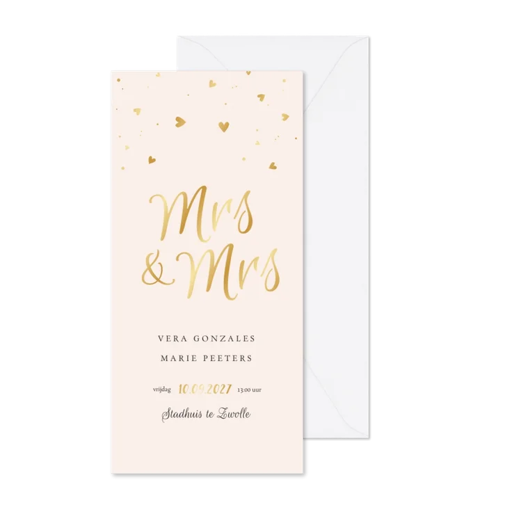 Trouwkaart hartjes goud spetters Mrs and Mrs