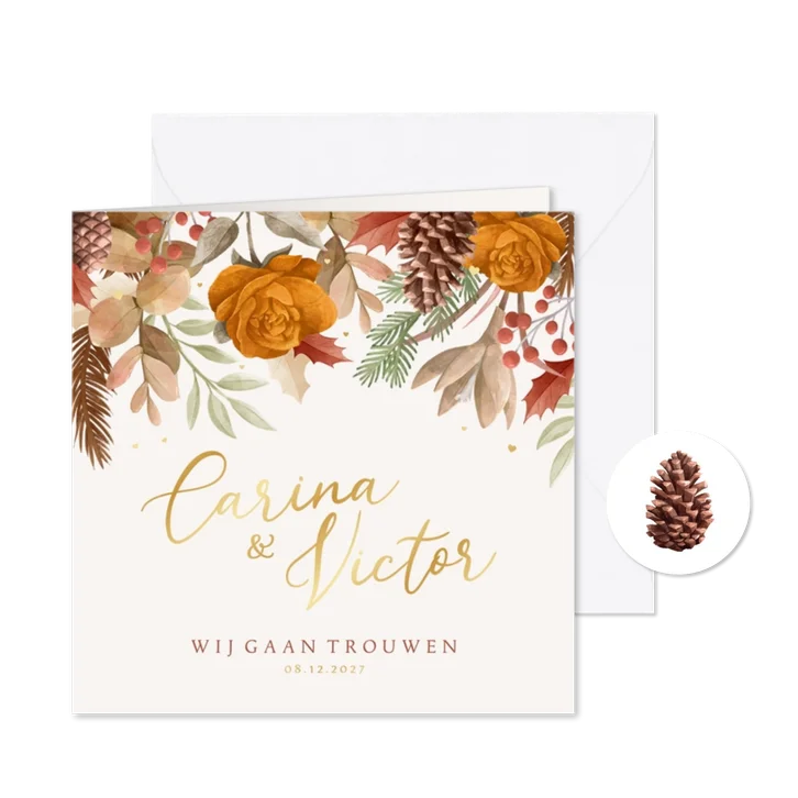 Trouwkaart herfst bladeren bloemen hartjes goud winter
