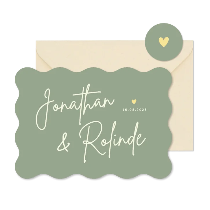 Trouwkaart hip met golvende rand - olijfgroen met namen