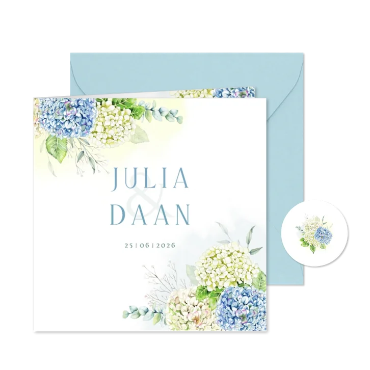 Trouwkaart hortensia's in blauw en wit