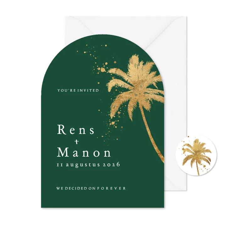 Trouwkaart in boog palmboom goud spetters